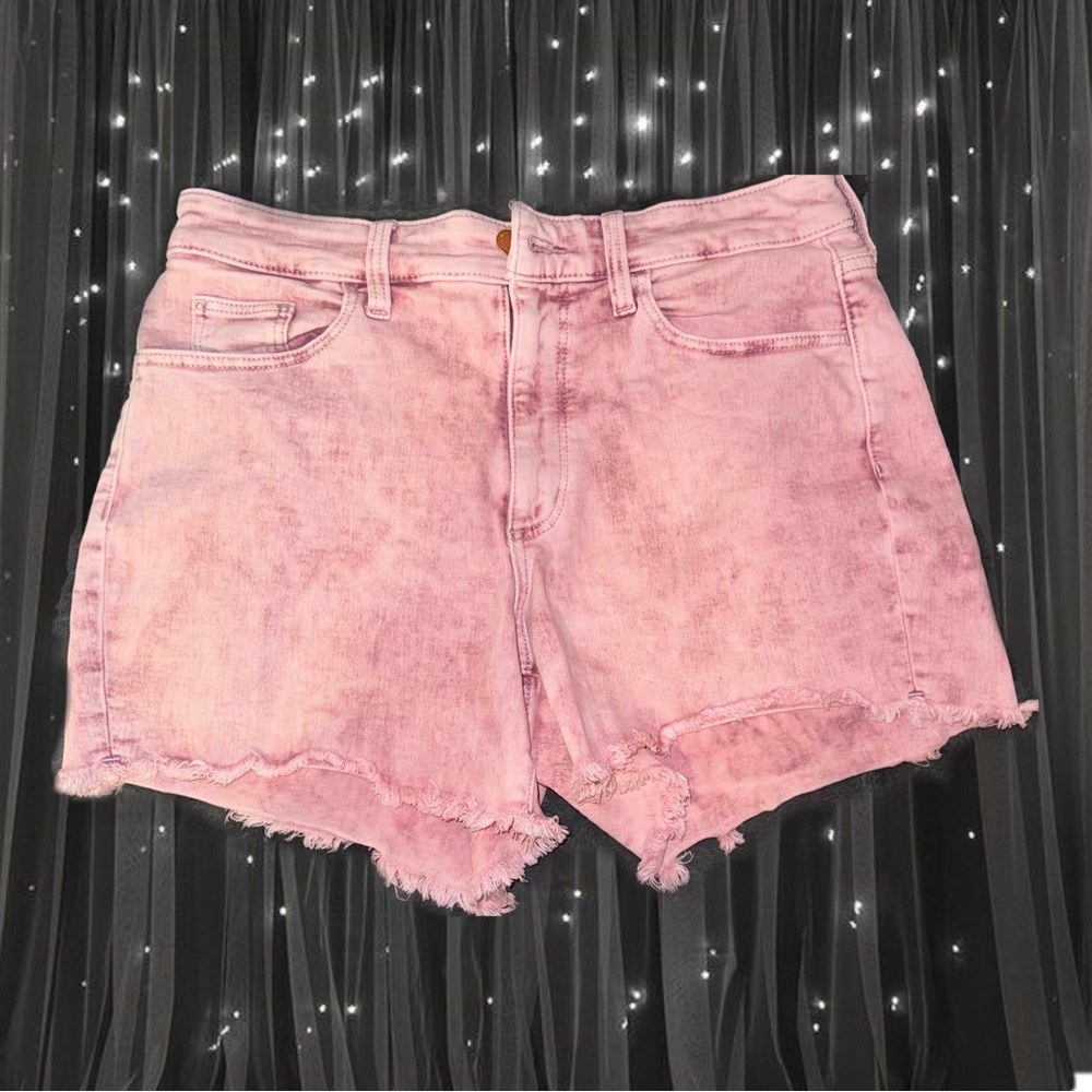 Pink acid wash denim shorts